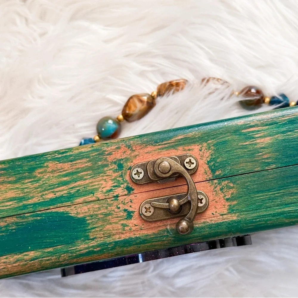 Unique Handcrafted Green and Purple Wooden Clutch